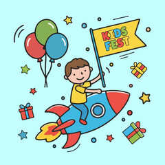 Joyful boy celebrating kids fest, soaring on a rocket with colorful balloons and delightful gifts for a fun-filled adventure