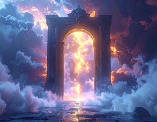 Portal set in cloudy sky with bright light and a decorative archway