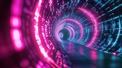 Endless flight through a neon crypto tunnel of colorful wires in space, symbolizing high-speed network connections, digital currency, futuristic cyberspace, and immersive VJ loop visuals in hyperspace
