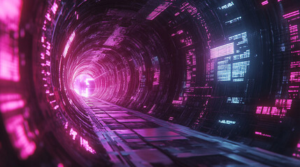 Endless flight through a neon crypto tunnel of colorful wires in space, symbolizing high-speed network connections, digital currency, futuristic cyberspace, and immersive VJ loop visuals in hyperspace