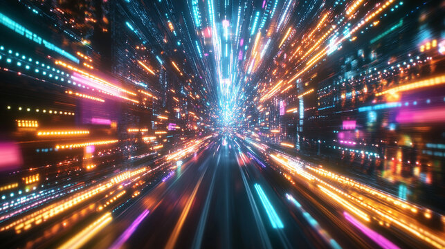 Endless flight through a neon crypto tunnel of colorful wires in space, symbolizing high-speed network connections, digital currency, futuristic cyberspace, and immersive VJ loop visuals in hyperspace