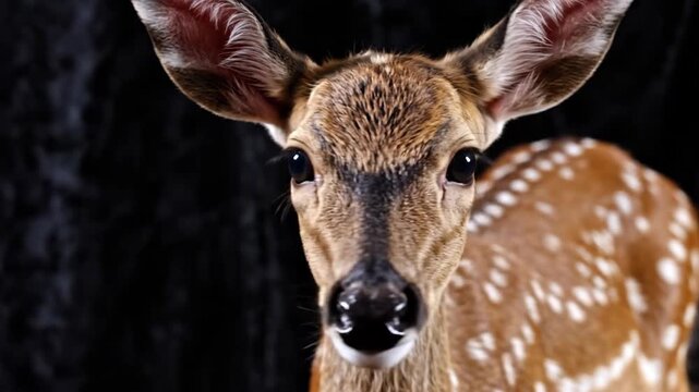 Young deer with spots in close up portrait against dark background