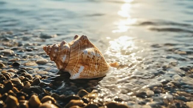 A beautiful spiral conch shell rests peacefully on a sun-drenched pebble beach as gentle ocean waves softly lap around it. The scene is bathed in warm, golden hour sunlight, creating sparkling reflect