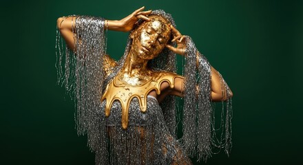 An artistic portrait of a woman covered in dripping liquid gold and a shimmering silver fringe dress against a dark green background.
