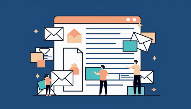 Flat illustration of two people interacting with a large web page surrounded by envelopes and documents on a blue background with a professional and communicative mood. - Powered by Adobe