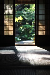 Japanese interior with open doors to garden