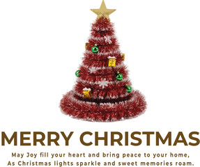 Christmas greeting logo vector with decorated tree featuring red tinsel, green ornaments, and gold star topper
