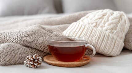 A clear glass mug of tea sits near a knit hat and blanket on a cozy bed
