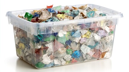 A clear plastic bin overflowing with colorful, crumpled plastic waste on a white backdrop