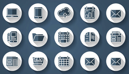 Flat lay of various office and communication icons on a dark blue background with white circles.
