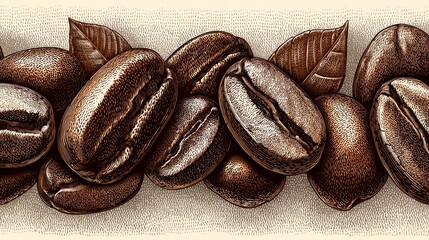 A close-up illustration of roasted coffee beans and leaves, bordering a light background