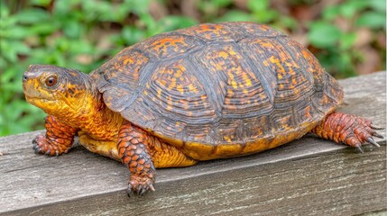 A close-up of a box turtle with a patterned shell resting on a weathered wooden surface