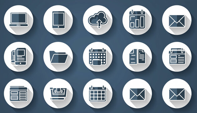 Flat lay of various office and communication icons on a dark blue background with white circles.