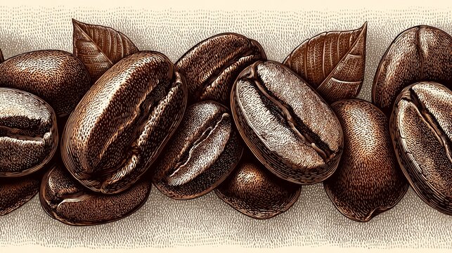 A close-up illustration of roasted coffee beans and leaves, bordering a light background - Powered by Adobe