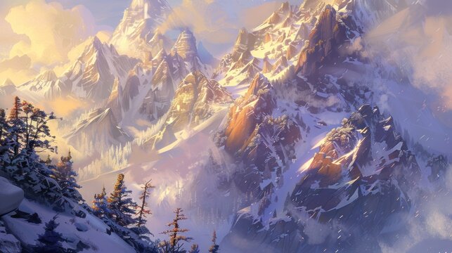 Majestic Snow-capped Mountain Range with Pine Trees in Soft Morning Light