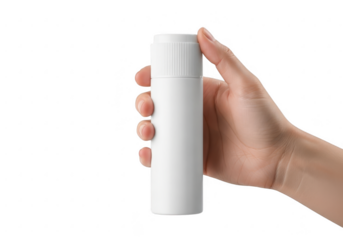 Hand holding a white bottle isolated on transparent background