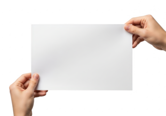 Hands holding a blank white sheet of paper isolated on transparent background
