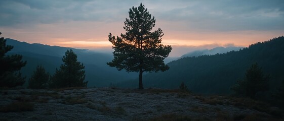 Lone pine tree at sunrise, mountain vista