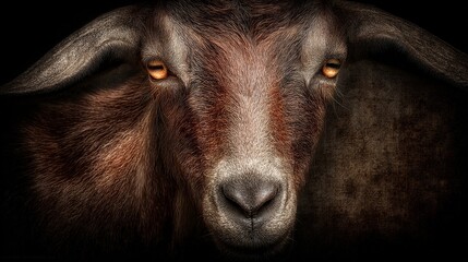 A close-up portrait of a goat with intense, glowing eyes against a black backdrop