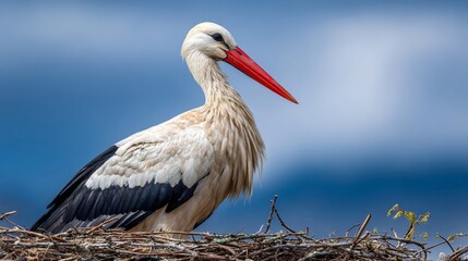 A close-up portrait of a white stork with a red beak, perched in a nest, blue sky