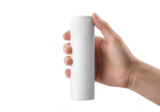 Hand holding a white bottle isolated on transparent background