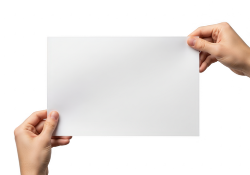 Hands holding a blank white sheet of paper isolated on transparent background