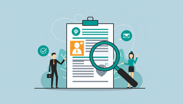 Flat illustration of a businessman and woman analyzing a large document with a magnifying glass on a light blue background with simple graphics.