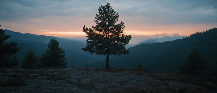 Lone pine tree at sunrise, mountain vista - Powered by Adobe