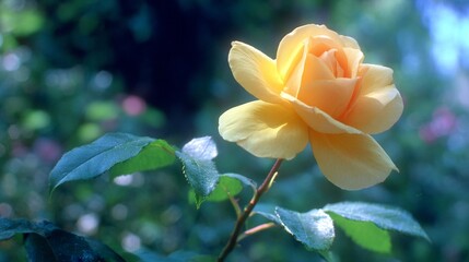 A close-up shot of a delicate, sun-kissed yellow rose in full bloom, soft background bokeh