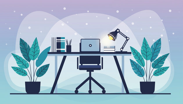 Illustration of a modern workspace with a desk, chair, laptop, lamp, books, and plants against a stylized night sky background.