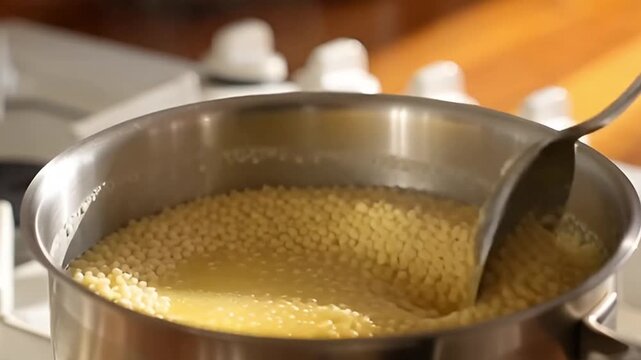 Closeup of small pasta pearls, likely israeli couscous or fregola, cooking in boiling water inside a stainless steel pot on a stovetop