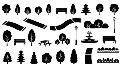 Collection of black silhouette icons representing various park and garden elements including trees, benches, paths, lampposts, and bushes.