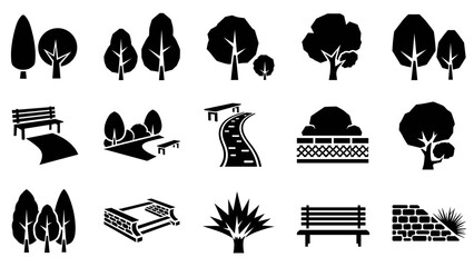 Set of minimalist black icons illustrating common features found in parks and outdoor recreational areas including trees, benches, and pathways.