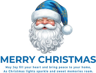 Christmas greeting logo vector with cheerful Santa Claus in blue hat with golden snowflakes and festive message
