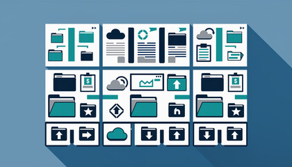 A collection of various computer and technology icons arranged in a grid against a blue gradient background with a mix of white and teal colors.