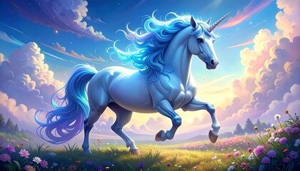 Regal unicorn gracefully prances in a vibrant field under a cloudy, bright sky