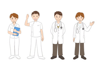 看護師と医者が並ぶ医療スタッフの男女セット