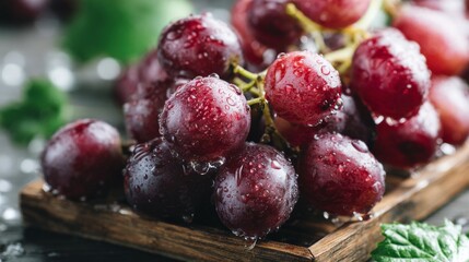 A close-up shot of juicy red grapes, glistening with water droplets, on a wooden board