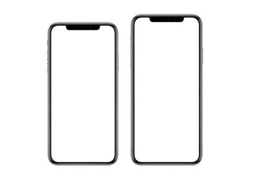 Two smartphones with blank screens isolated on transparent background