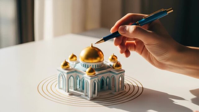 Hand with pen gestures towards intricate mosque model with golden domes