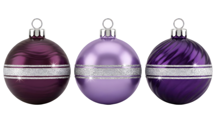 Three colorful Christmas ornaments with silver stripes and metal hangers.