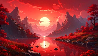 Scenic landscape bathed in warm sunlight over tranquil water and mountains