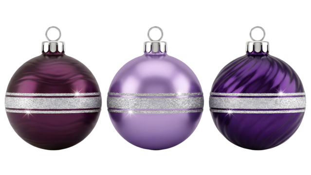 Three colorful Christmas ornaments with silver stripes and metal hangers.