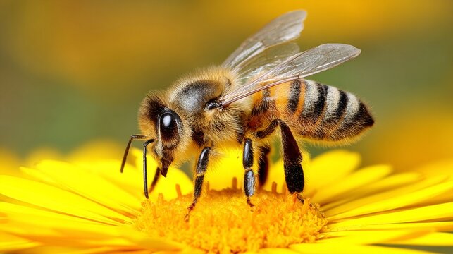 A close-up view of a honeybee perched on a yellow flower, showcasing its detail