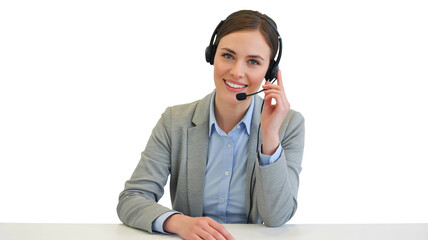 Friendly support agent smiling with headset ready to assist