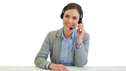 Friendly support agent smiling with headset ready to assist