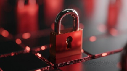 A close-up view of a metallic padlock, digitally enhanced in a red and black color scheme