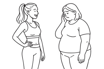 A vector illustration showing two women on a diet journey one feeling energized and cheerful, the other looking discouraged portrayed with supportive, expressive poses to reflect different emotions.