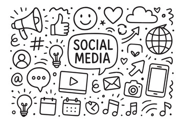A hand drawn vector background filled with social media doodle icons, including emojis, comments, alerts, and interface symbols, forming a lively repeating pattern with clean and minimal outlines.