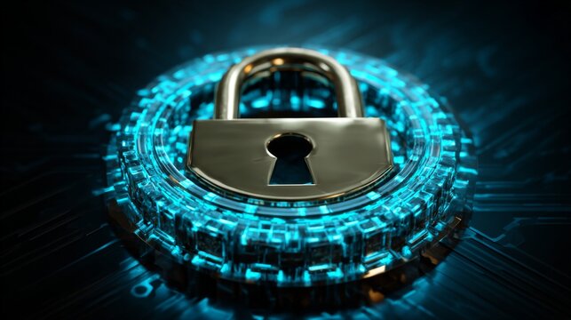 A close-up view of a metallic lock inside a blue neon circuit-board circle. Technology concept - Powered by Adobe